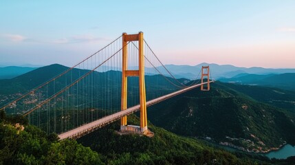 Fototapeta premium Majestic Suspension Bridge Overlooking Breathtaking Mountain Landscape and Serene Lake