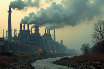 Industrial complex emitting thick smoke plumes over a winding river at dawn.