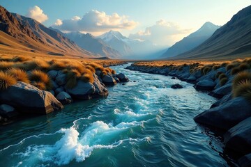 Serpentine water flows through rugged terrain, scenery, serene, flowing