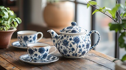  a tea set with a teapot and cups, Generative AI 