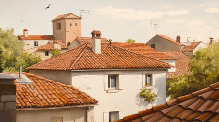 Obraz premium Muted rooftops of quiet village under pale sky, with terracotta tiles and scattered greenery creating serene atmosphere. Birds soar above, adding to tranquil scene
