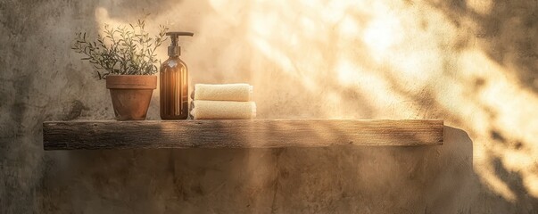 A serene bathroom shelf featuring a potted plant, a spray bottle, and neatly stacked towels, illuminated by soft, warm light.
