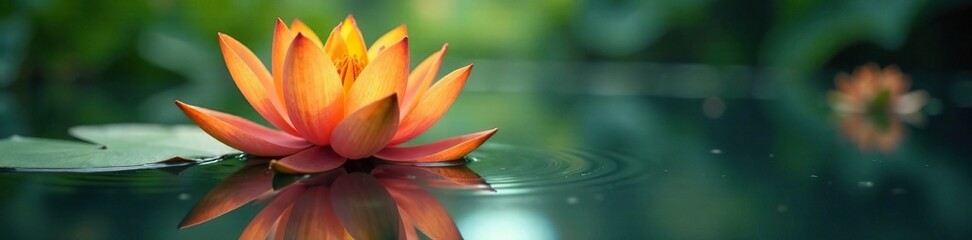 Fototapeta premium Delicate ripples disturb a serene water surface housing an orange lotus bloom, nature photography, floral motifs