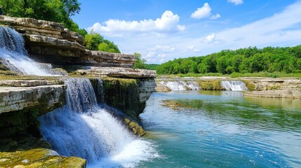 Fototapeta premium Breathtaking Waterfall Cascading Through Lush Green Forest into Serene River in Scenic Landscape