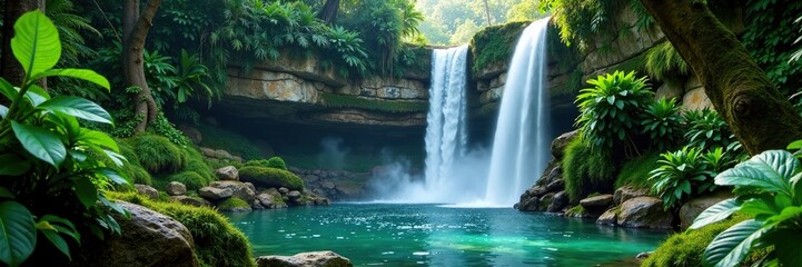 Fototapeta premium Jungle waterfall cascading down mossy stone walls, greenery, water features, jungle