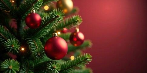 Red and gold balls hang from the branches of a Christmas tree, tree, colorful, balls