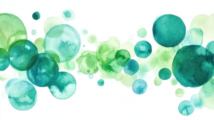 Abstract Artistic Splash of Green and Turquoise Watercolor Circles on White Background