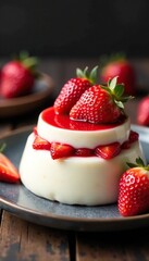 Delicate layers of vanilla Panna Cotta and fresh strawberries, creamy pudding, layered dessert