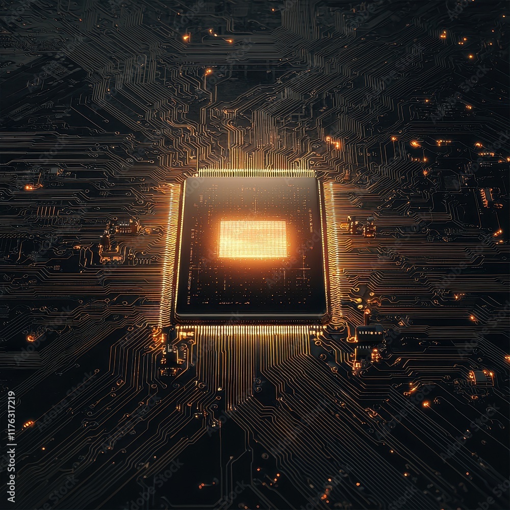 Poster a glowing microchip at the center of intricate circuitry, showcasing a futuristic technology design 