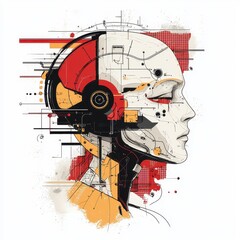 A stylized illustration of a robotic head in profile, featuring geometric patterns, vibrant colors, and headphones, symbolizing technology and innovation.