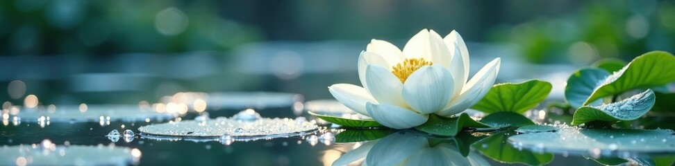 Fototapeta premium White peony with lush green leaves on a frozen pond, snow covered plant, delicate petals, icy blooms