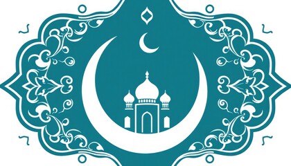A crescent moon and mosque icon framed by intricate arabesque patterns