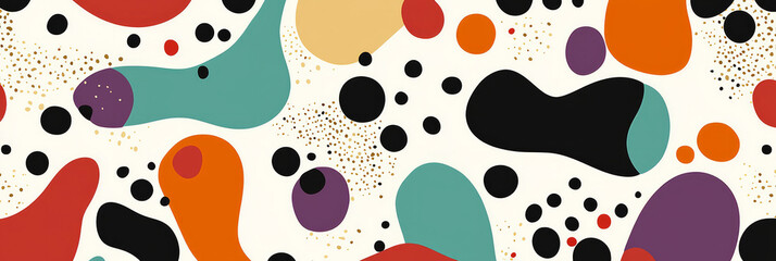 Fototapeta premium A vibrant pattern of abstract shapes and dots in various colors, resembling polka dot patterns, with an organic feel, generative AI