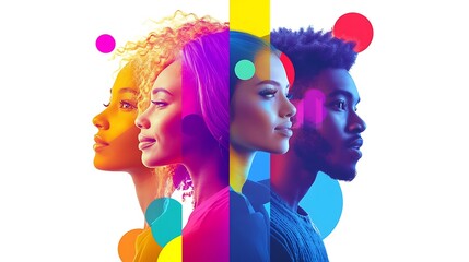 A modern and creative representation of diverse team profiles, with vibrant accents on a bright white backdrop. 