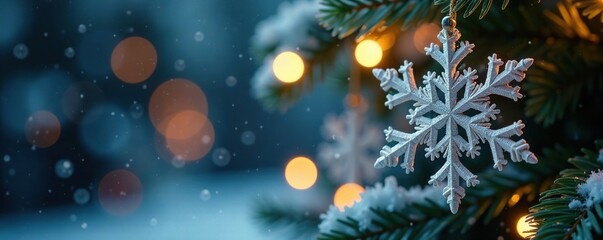 Snowflakes gently falling on the Christmas tree, soft, snowflake