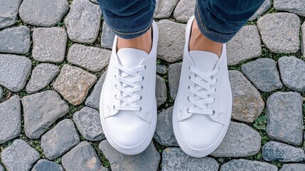 Stylish white sneakers on a paved stone walkway showcasing a minimalist and modern design