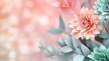 Obraz premium Soft pastel flowers with delicate petals and green leaves create serene and dreamy composition, blending pale pink and mint tones in spring inspired gradient background