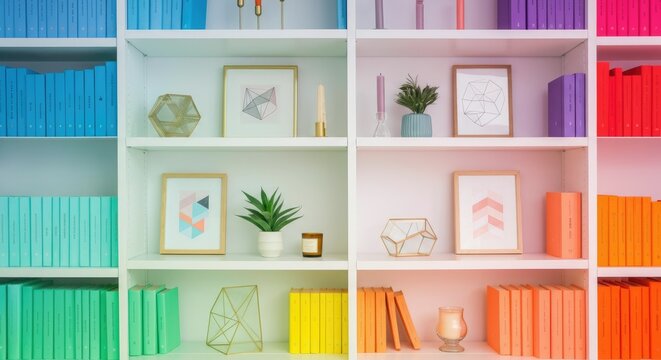 Color-coordinated bookshelf with geometric decor and framed art, organized by hues
