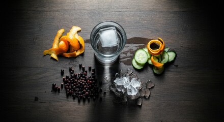 Drink with ice, garnishes, berries, and herbs on dark surface