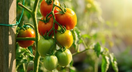 Vibrant tomatoes in different stages of ripening on vine sunlight