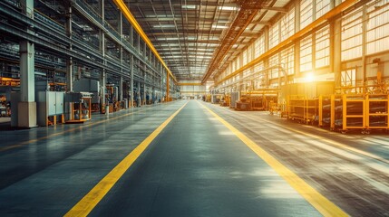 Fototapeta premium Bright and Spacious Industrial Warehouse Interior with Clean Lines and Natural Lighting, Featuring Organized Equipment and Modern Infrastructure in a Manufacturing Facility
