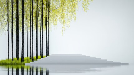 Tranquil Minimalist Scene with Trees and Stairs by Serene Water Reflection