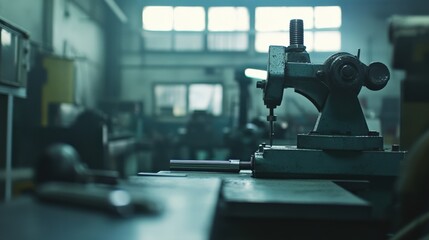 Fototapeta premium Industrial Workshop Scene Featuring Metalworking Machinery and Tools in a Dimly Lit Environment, Showcasing the Craftsmanship of Skilled Labor