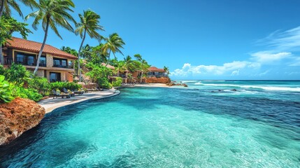 Fototapeta premium Tropical beach scene with clear waters, palm trees, and luxury villas under a bright blue sky.