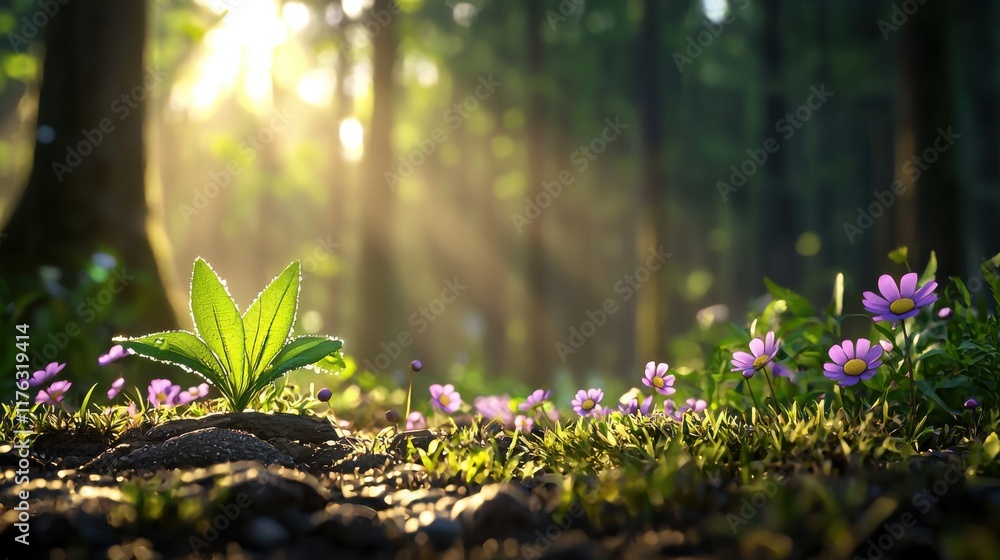Poster lush green forest with spring flowers and sunlight filtering through the trees