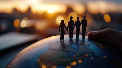 Global Family: A Silhouette of Unity on a World Globe at Sunset