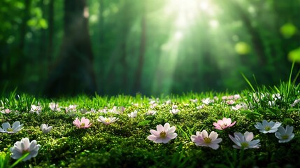Fototapeta premium Enchanting Sunlit Forest Glade with Dainty Spring Wildflowers on Lush Moss Covered Ground