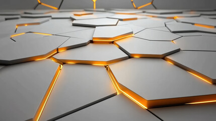 futuristic geometric design featuring interlocking hexagonal tiles with glowing orange edges, creating sleek and modern aesthetic. pattern exudes high tech and dynamic energy