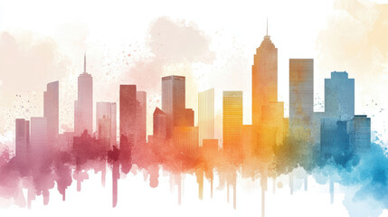 Fototapeta premium vibrant cityscape illustration with dynamic brushwork, showcasing colorful skyscrapers and abstract urban skyline against white background