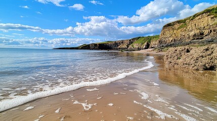 Picturesque Seaside Landscape with Rugged Cliffs and Gentle Waves Lapping at the Shore