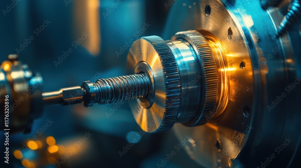 Poster close-up view of precision engineering component with gear mechanism and metal texture, showcasing i