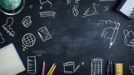 35.A dark chalkboard background with neatly drawn outlines of school items like notebooks, globes, and calculators, each outlined in white chalk and spaced for an engaging, educational banner or