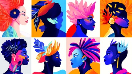 A modern grid layout of vibrant profile illustrations with sharp details on a bright white backdrop. 