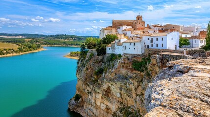 Naklejka premium Charming Coastal Village Nestled on Rugged Cliffs with Turquoise Waters and Picturesque Scenery in Spain