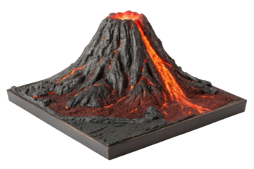 Volcano model with lava flow isolated with transparent background