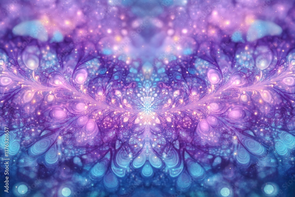 Sticker Abstract fractal art with purple and blue hues, symmetrical pattern, and sparkling lights.