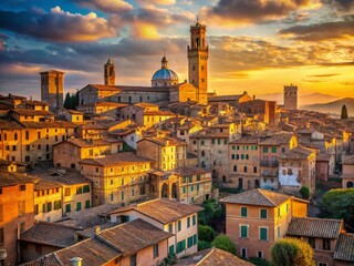 Fototapeta premium Siena, Tuscany, Italy: Medieval Architecture, Cityscape, Historic Buildings, Sunset