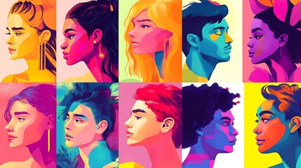 A modern grid layout of vibrant profile illustrations with sharp details on a bright white backdrop. 