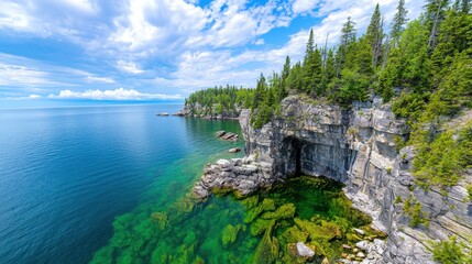 Obraz premium Mesmerizing Cliffside Lake Surrounded by Lush Evergreen Forest in Scenic Wilderness Landscape