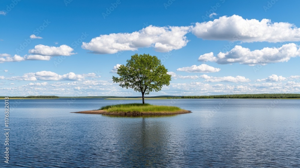 Wall mural Serene Tree Covered Island in Peaceful Lake with Reflected Sky and Clouds