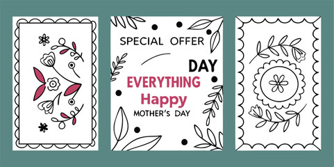 Vintage card set with stamps and floral designs featuring ornate borders and decorative patterns