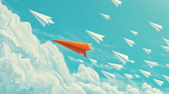 29.An organized row of white paper planes flying across a sky-blue background, one bright orange plane positioned prominently at the front, conveying themes of ambition and uniqueness.