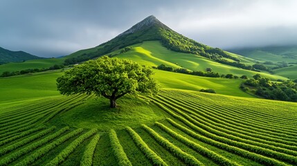 Fototapeta premium Lush Green Hill Landscape with Isolated Tree and Rolling Mountainous Terrain
