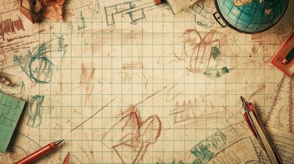 10.A playful school poster design with doodles of school items such as globes, rulers, and pens scattered across squared notebook paper, with faint ink blots adding a whimsical touch.