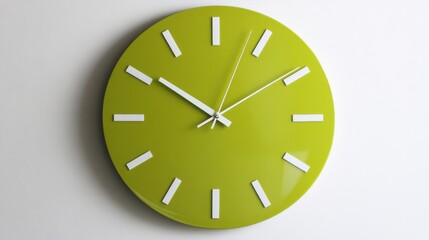 57.A round, lime-green wall clock with clean white hour markers and thin hands pointing to 10 oâ€™clock, the clockâ€™s face reflecting light for a bright, contemporary design.