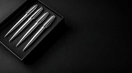 Silver Ballpoint Pens in Black Box on Dark Surface for Elegant Presentation